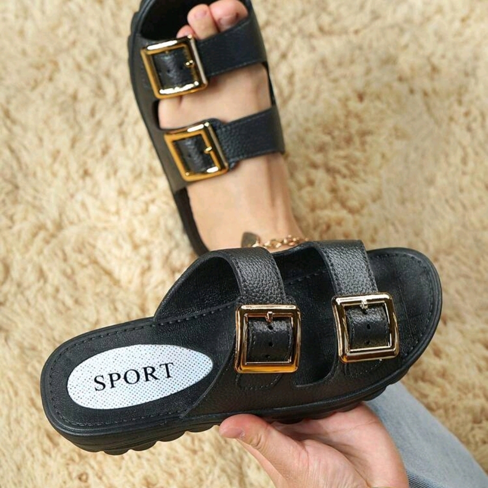 Sporto Black Sandals with Gold Buckles